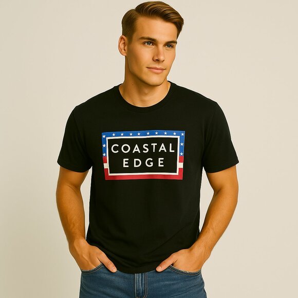 Gildan Other - Coastal Edge Men’s Size Large Black Graphic T-Shirt American Flag Box Logo NWT